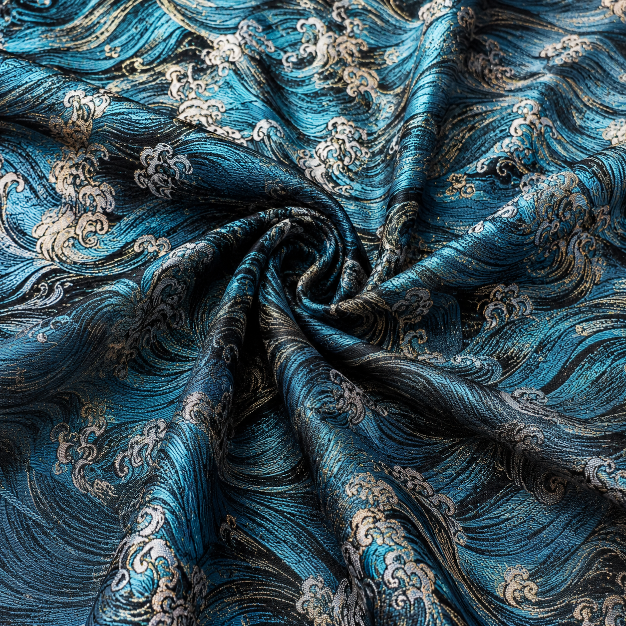 Luxury Black & Blue Wave Metallic Brocade Fabric - Shimmer