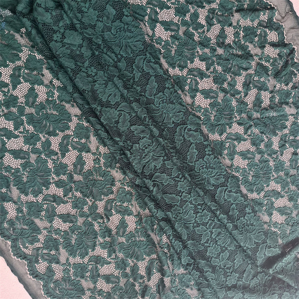 Embroidered Stretch Lace - Dark Green with Detailed Floral Pattern