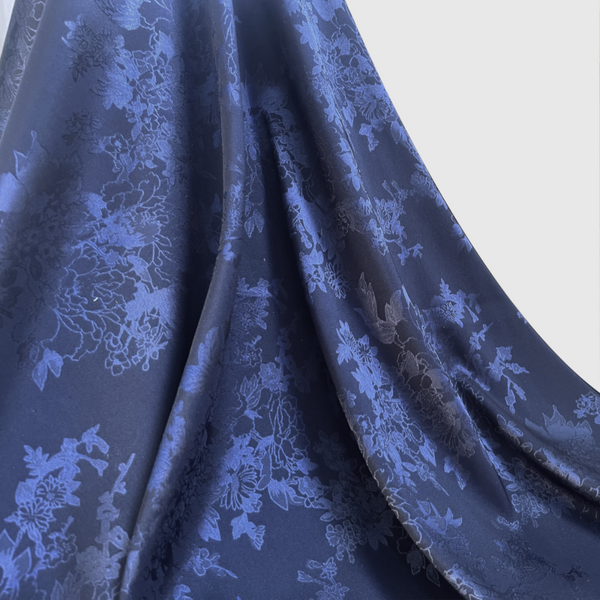 Navy Blue  Floral Jacquard Satin Fabric By The Yard