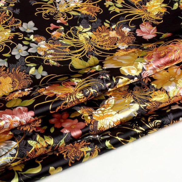Luxurious Black Gold Bronzing Brocade - Vibrant Flower Print