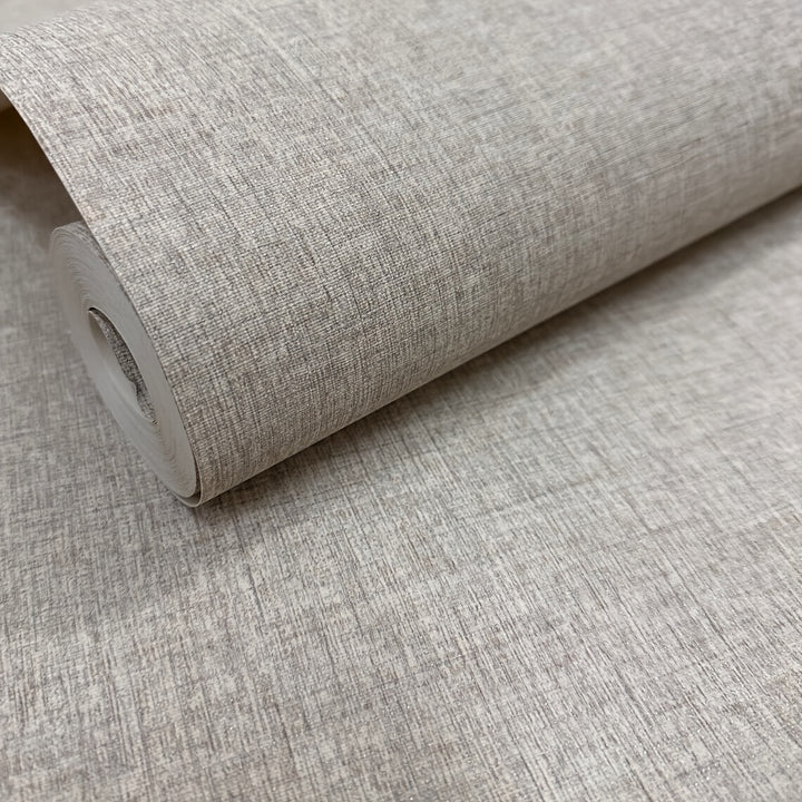 Textured faux linen wallpaper rolled view


