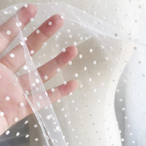 White Polka Dot Embroidery Lace Fabric - Sheer Flocked Tulle Mesh