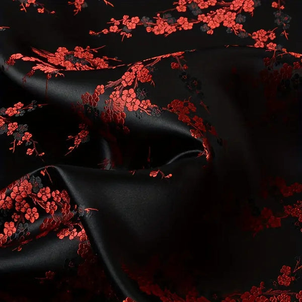 Red & Black Plum Blossom Satin Brocade, Premium Jacquard Material