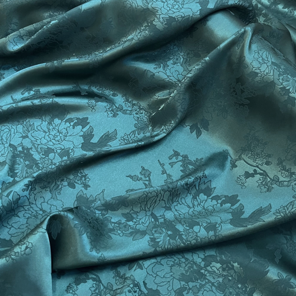 Teal Green Floral Jacquard Silky Satin