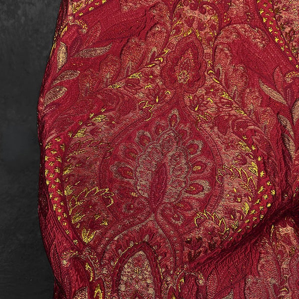 3D Damask Textured Brocade - Red Metallic Shiny Embossed Jacquard