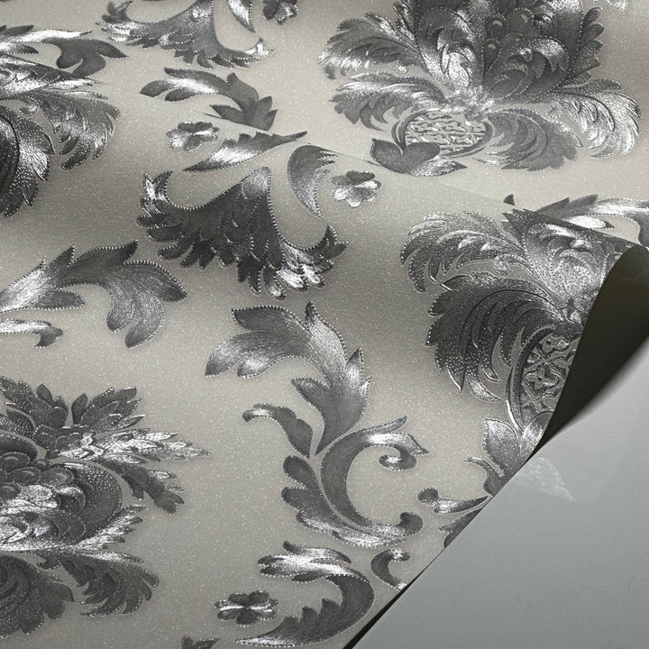 Elegant silver white damask wallpaper for bedroom walls