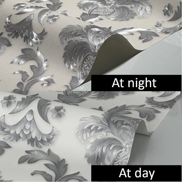 Embossed damask wallpaper silver white textured pattern