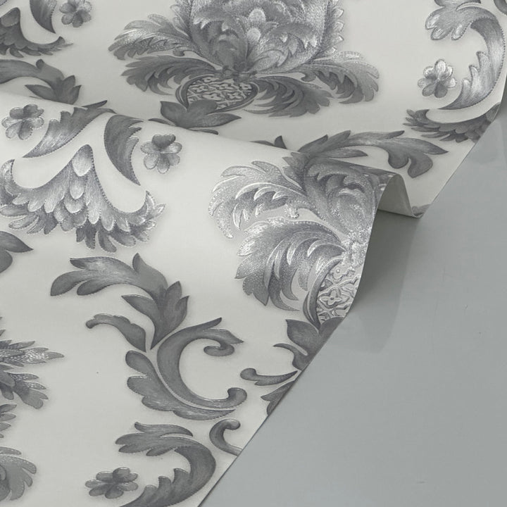 Luxury damask wallcovering in silver white for bedrooms
