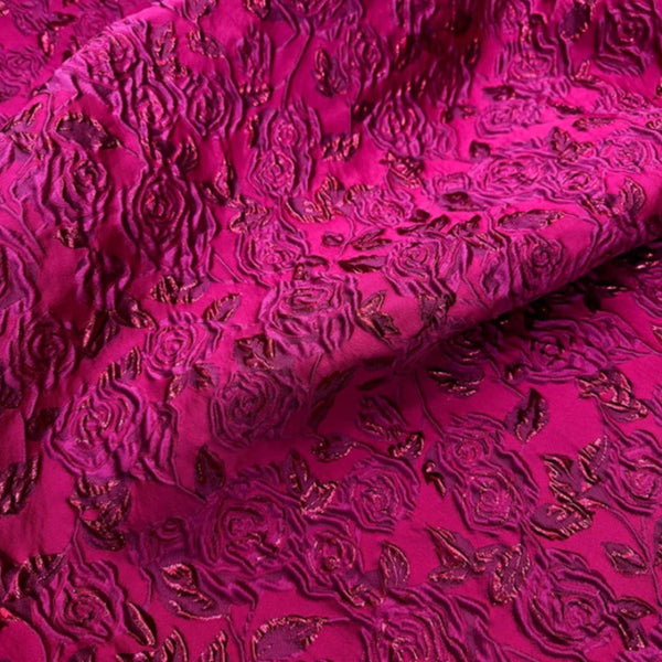 3D Embossed Rose Brocade - Gorgeous Fuchsia Floral Metallic Jacquard