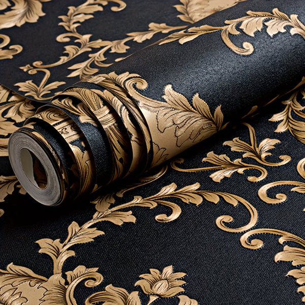 Black and Gold Luxury Damask Wallpaper – Embossed Textured Wall Design
