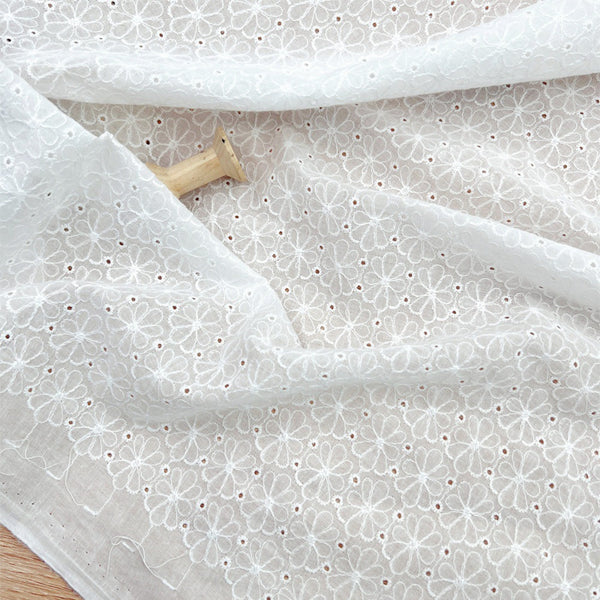 100% Cotton Embroidered Lace - White Floral Embroidery Voile Fabric