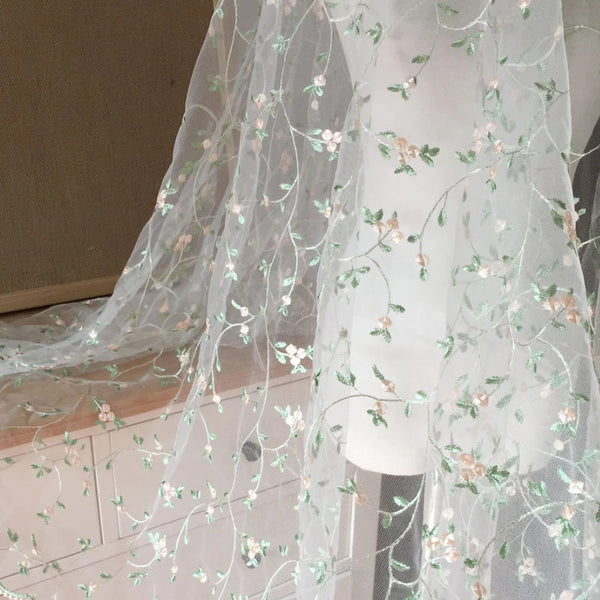 Small Flower Sheer Embroidery Lace Fabric - Green Leaves Floral Tulle