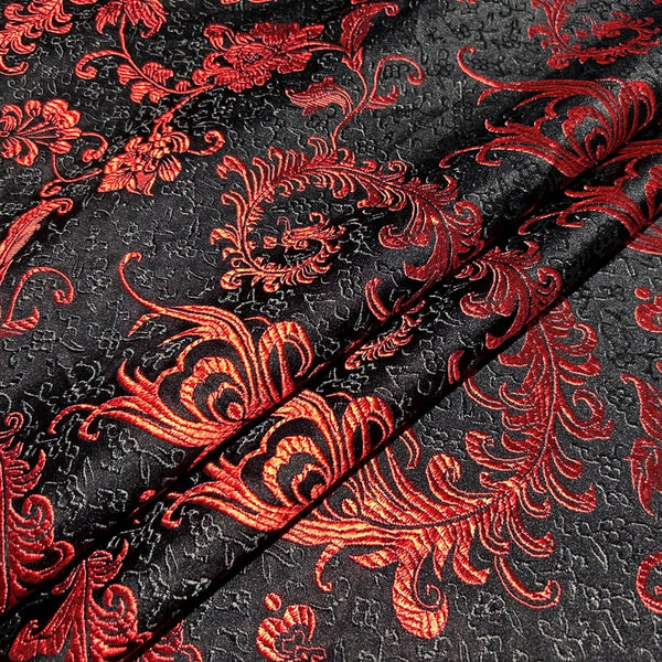 Black & Red Embroidered Brocade - Metallic Accent Jacquard Fabric