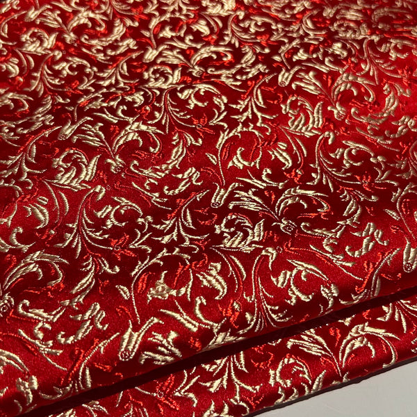 Elegant Red & Golden Brocade Fabric with Floral Pattern - Textured Jacquard Damask for Dressmaking and Upholstery