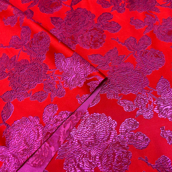 Vibrant Red & Fuchsia Floral Brocade - Satin Jacquard Weave Textile