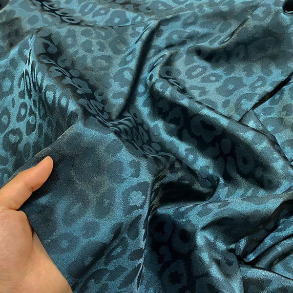 Ultra-Smooth Teal Leopard Silky Satin - Glossy Jacquard Textile