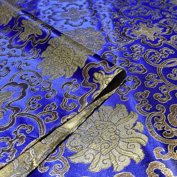 Royal Blue Glossy Satin Brocade - Golden Geometric Jacquard Fabric