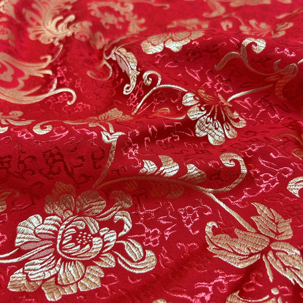 Red & Gold Embroidered Brocade – Metallic Accent Jacquard Fabric