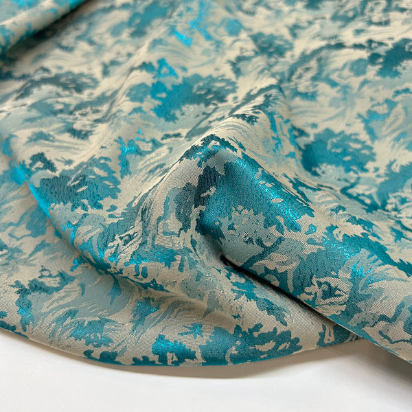 Abstract Wave Pattern Turquoise Blue Jacquard - Shiny Silky Satin