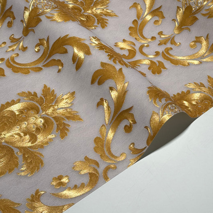 Elegant gold textured wallpaper with baroque damask pattern for modern bedrooms