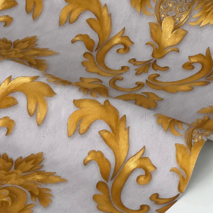 High-end damask wallpaper in gold with embossed metallic finish for luxury home decor