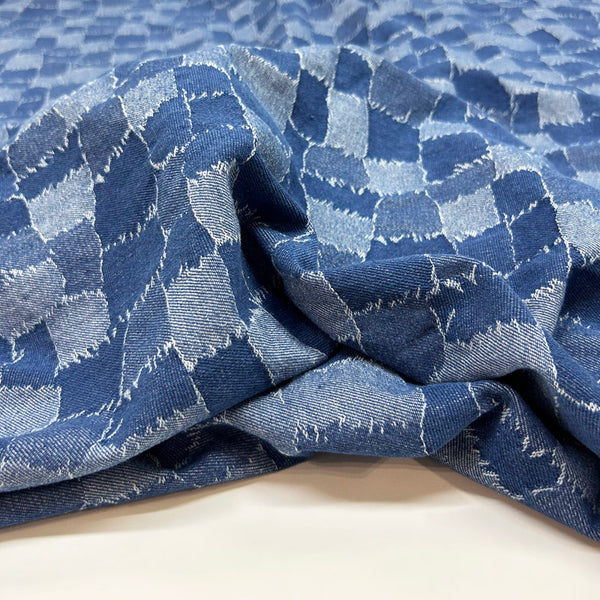Stylish Blue Check Jacquard Denim - Durable Washed Cotton Jean Fabric