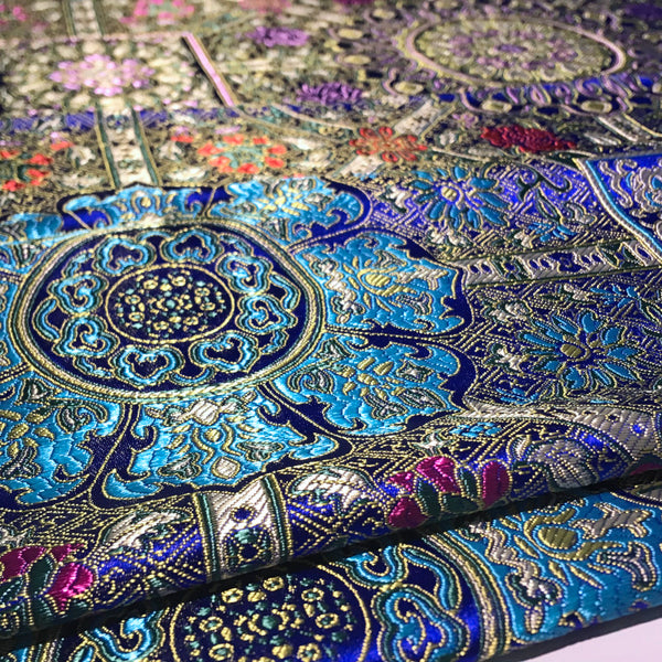 Jewel tone damask embroidery on shiny jacquard fabric for decor and fashion