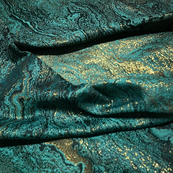 Glitter green and gold jacquard brocade fabric with metallic sparkle finish