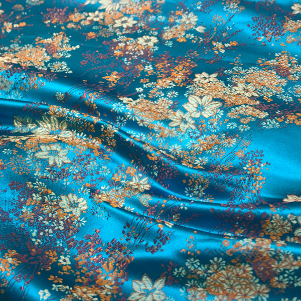 Chic Metallic Brocade Fabric - Elegant Blue Gold Jacquard Textile