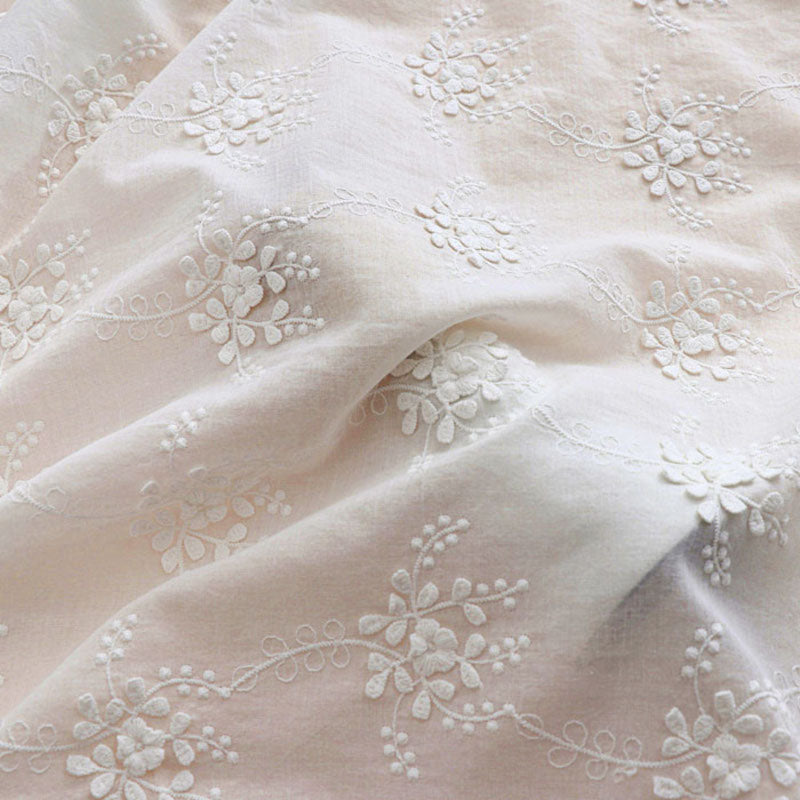 White 3D Floral Cotton Embroidery Fabric