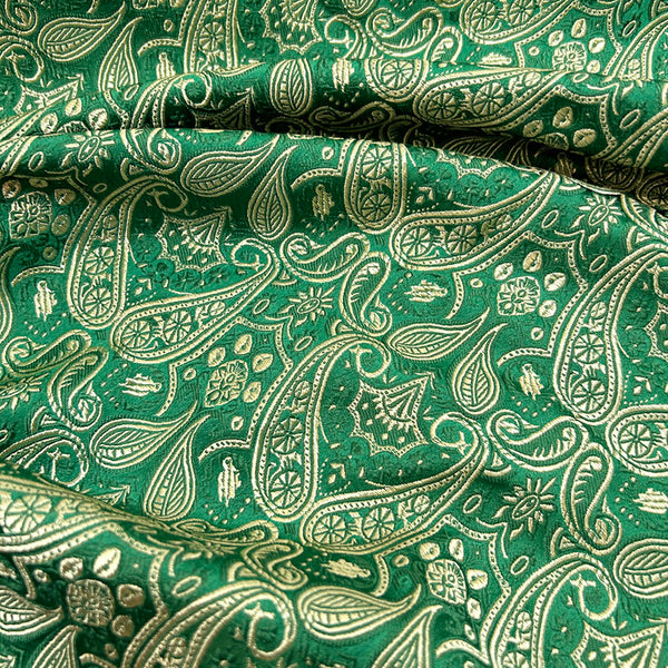 Green & Gold Paisley Brocade - Metallic Shiny Embroidery Fabric