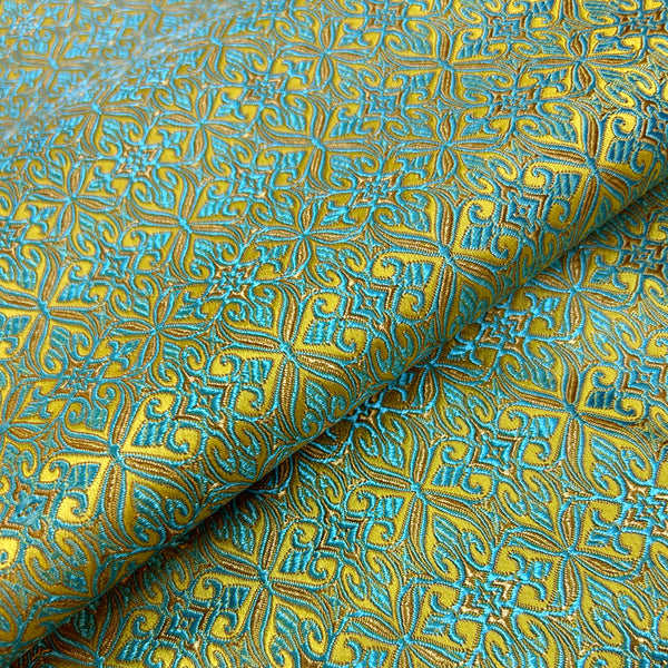 Green Geometric Jacquard Brocade - Intricate Woven Shimmer Textile
