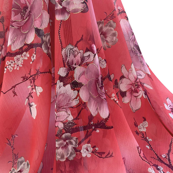 Floral Bronzing Printed Chiffon Fabric, See Through Lightweight Red Flower Print Tulle By The Yard