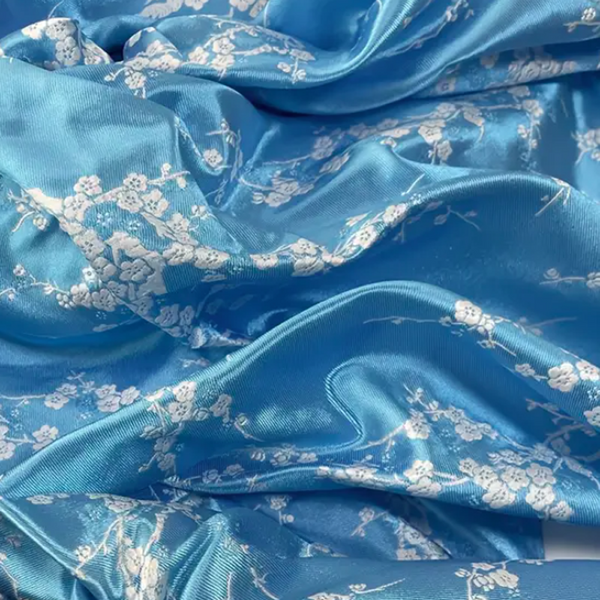 Chinese Satin Brocade - Romantic Blue White Plum Blossom