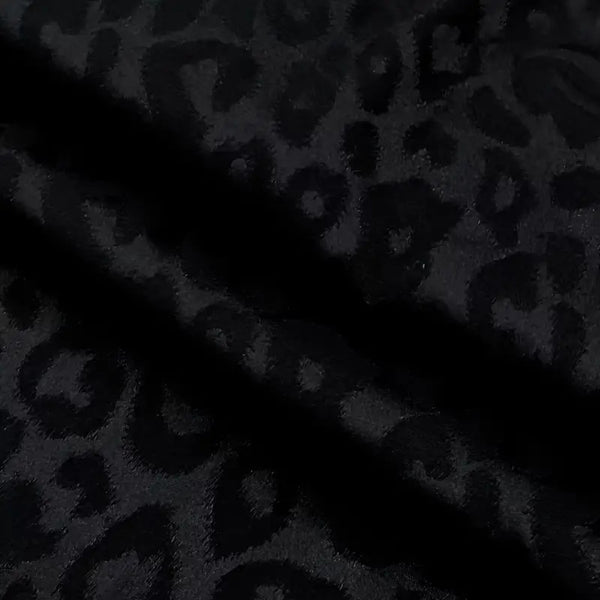 Ultra-Smooth Black Leopard Silky Satin - Glossy Jacquard Textile