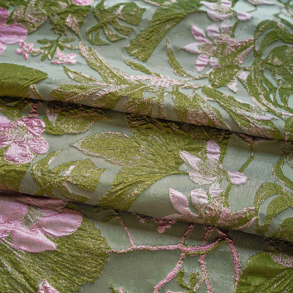 3D Floral Embossed Brocade - Green & Pink Metallic Jacquard