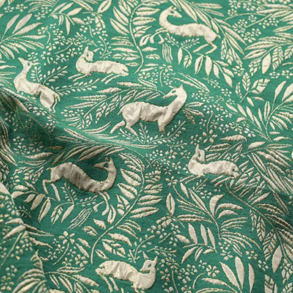 Green 3D Metallic Jacquard - Deer and Leaf Pattern Embossed Brocade