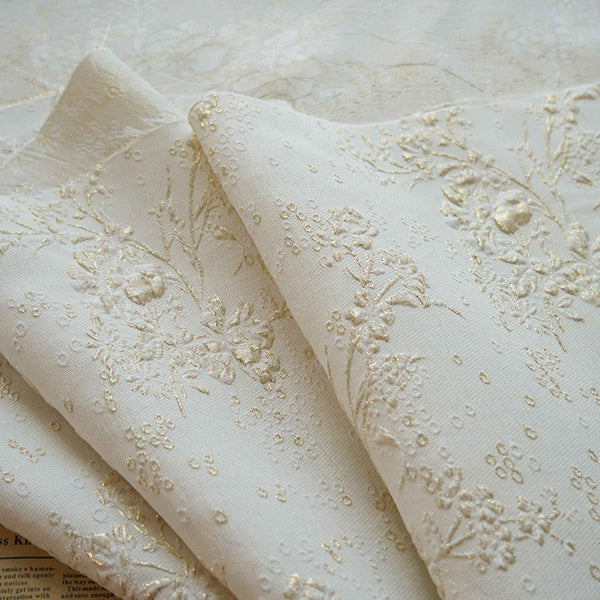 Floral Textured Embossed Brocade - Ivory Shiny 3D Jacquard Fabric