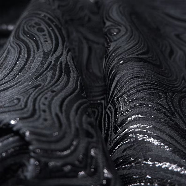 Water Ripple Textured Brocade - Glitter Black Geometric Woven Textile