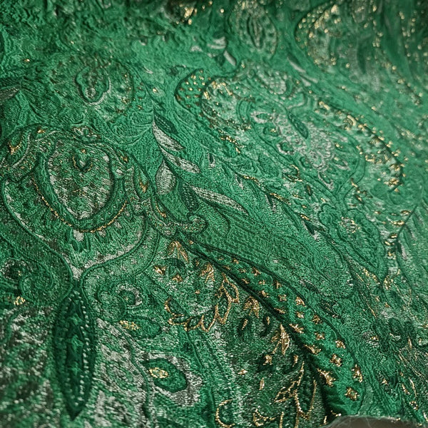3D Damask Textured Brocade - Green Metallic Shiny Embossed Jacquard