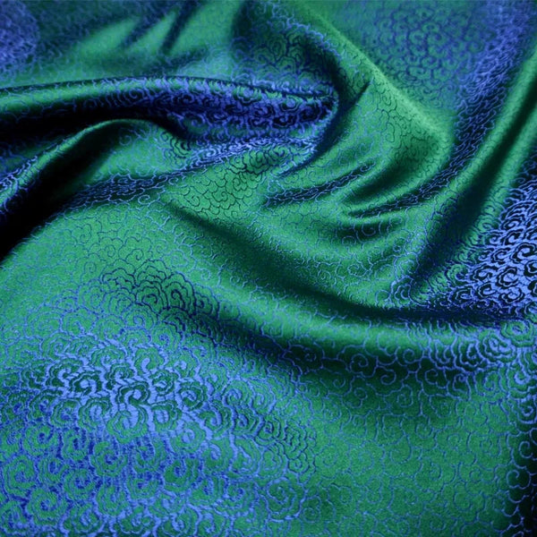 Elegant Shiny Green & Blue Jacquard Brocade Fabric By The Yard