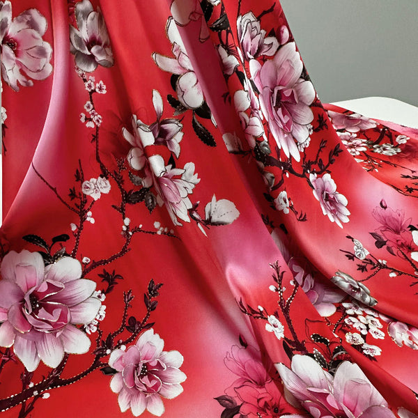 Floral Patterned Elegant Satin Bronzed Fabric, Very Soft Silky Fabric By The Yard