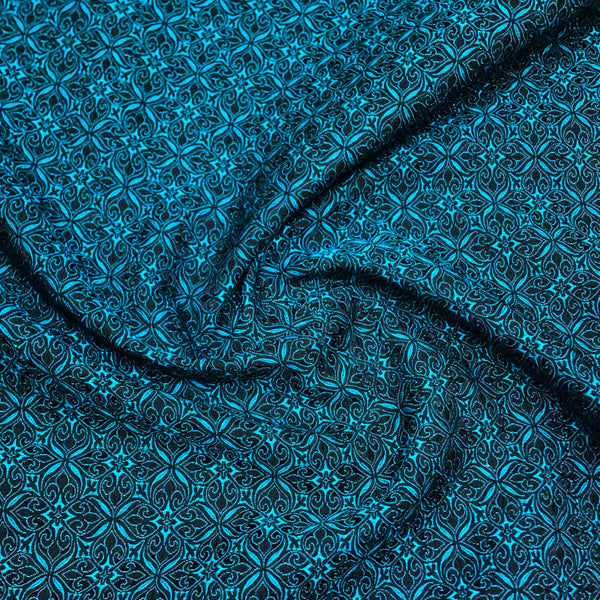 Black & Teal Blue Geometric Brocade - Shimmer Embroidered Weave